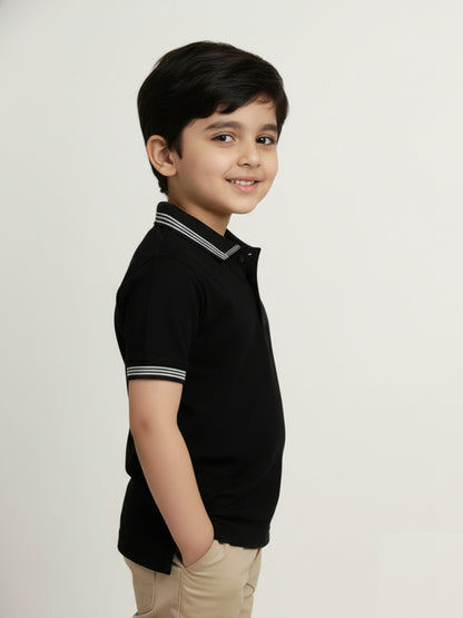 Black 100% Cotton Short Sleeves Polo Collar T-shirt