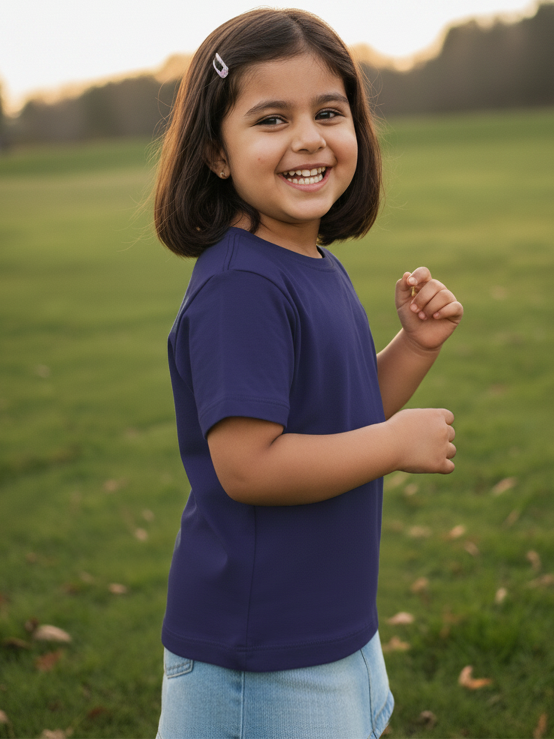 Navy 100% Cotton Regular Fit Solid Short Sleeves T-shirt for Girls
