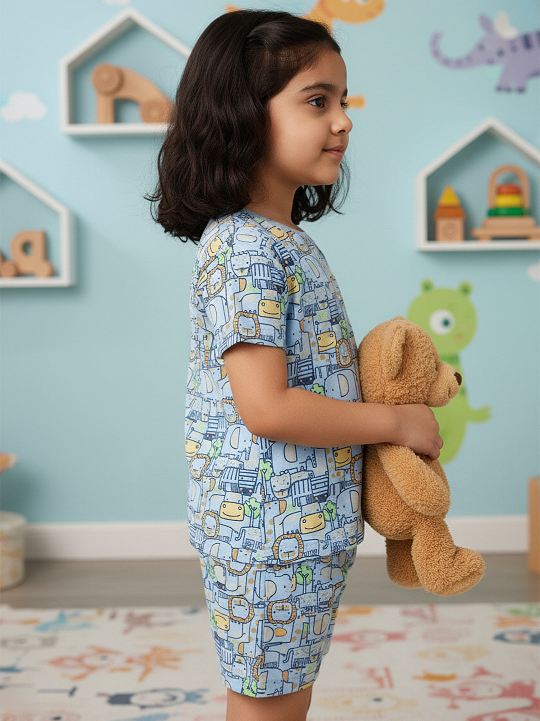 Light Blue 100% Cotton Oversized Fit Printed Coord Set for Girls