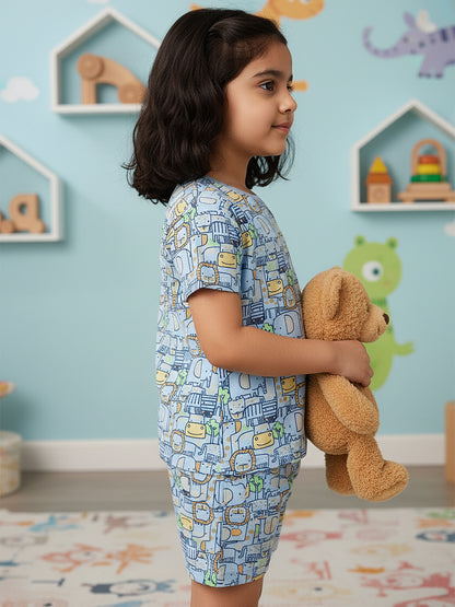 Light Blue 100% Cotton Oversized Fit Printed Coord Set for Girls