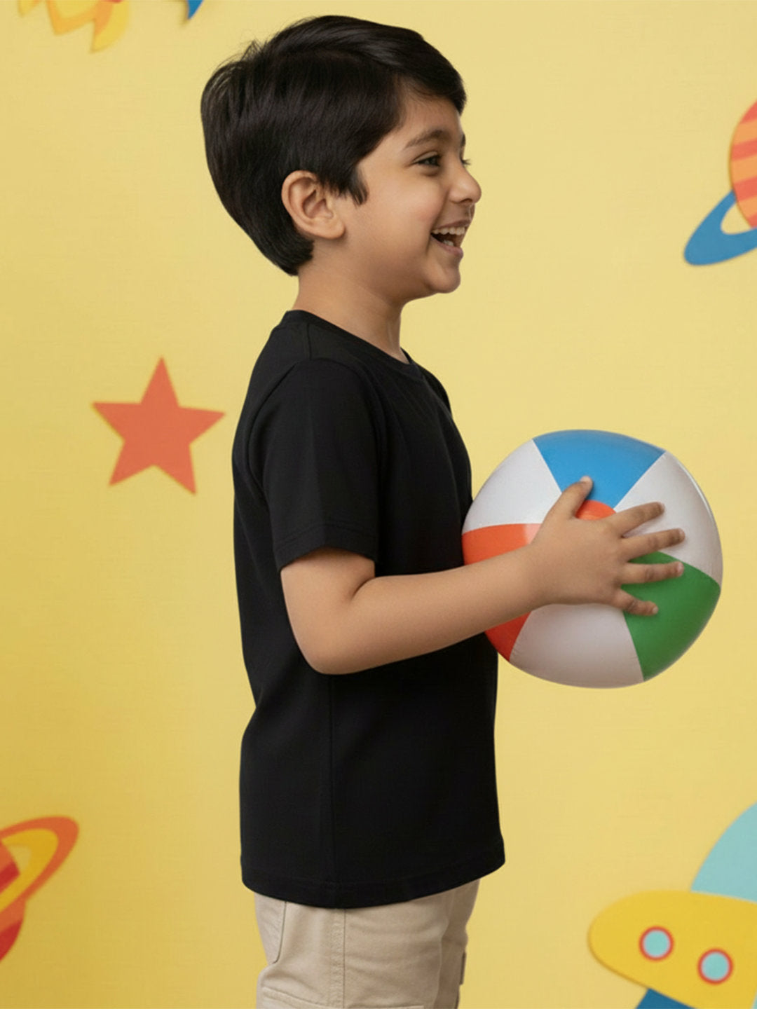 Black 100% Cotton Regular Fit Solid Short Sleeves T-shirt for Boys