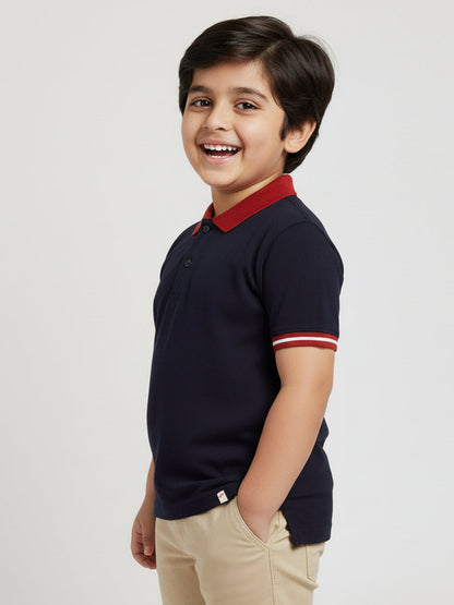 Navy 100% Cotton Short Sleeves Polo Collar T-shirt