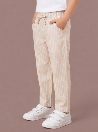 Beige Striped Cotton Linen Relaxed Fit Trousers