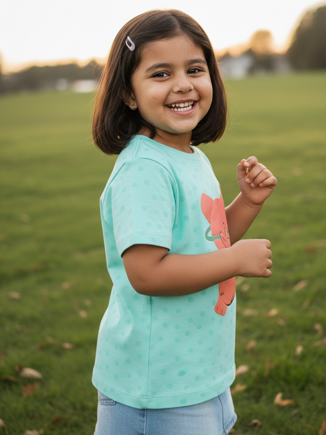 Blue 100% Cotton Unique Puff Printed Short Sleeves T-shirt for Girls
