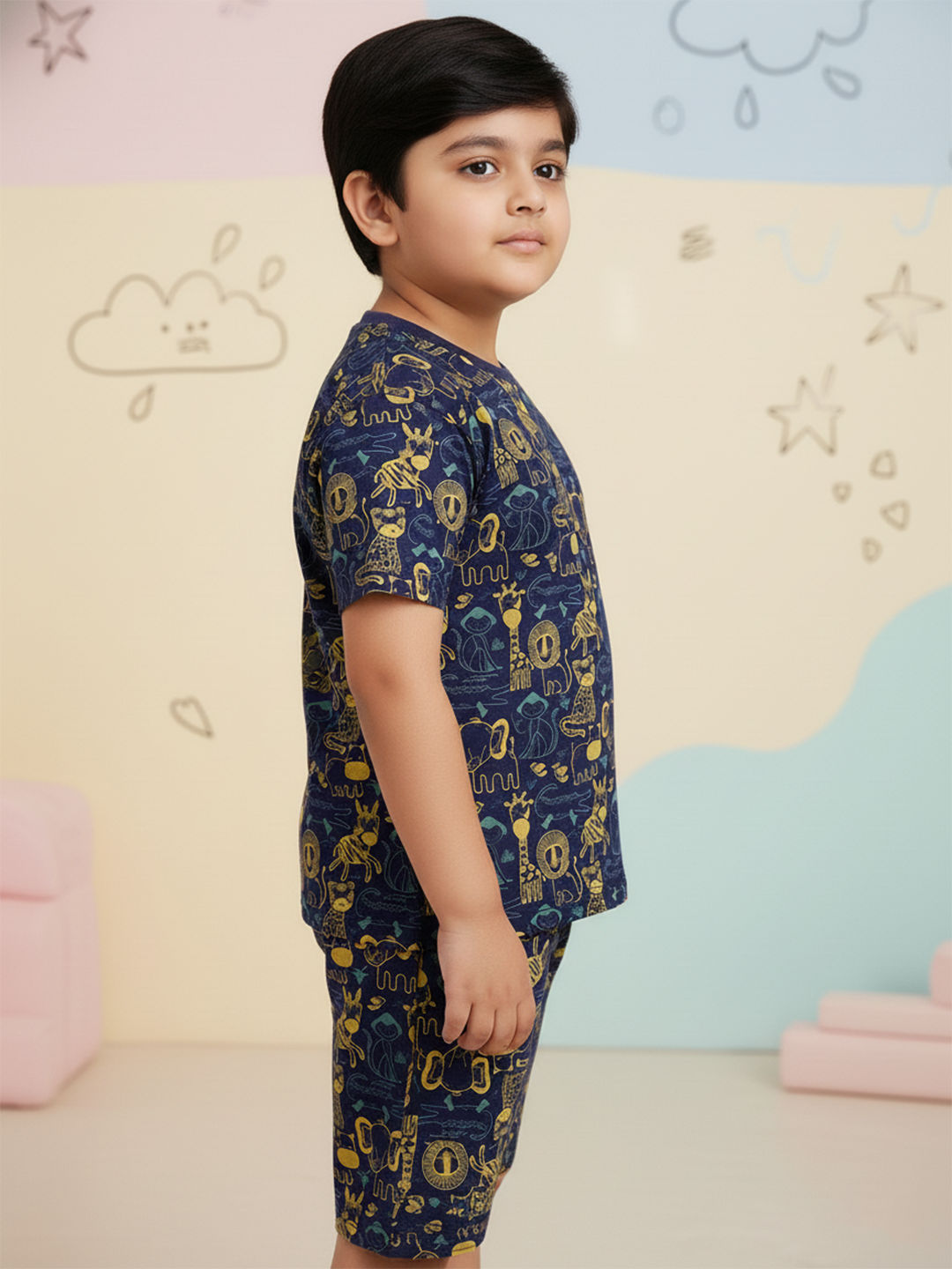 Navy Blue 100% Cotton Regular Fit Printed Coord Set