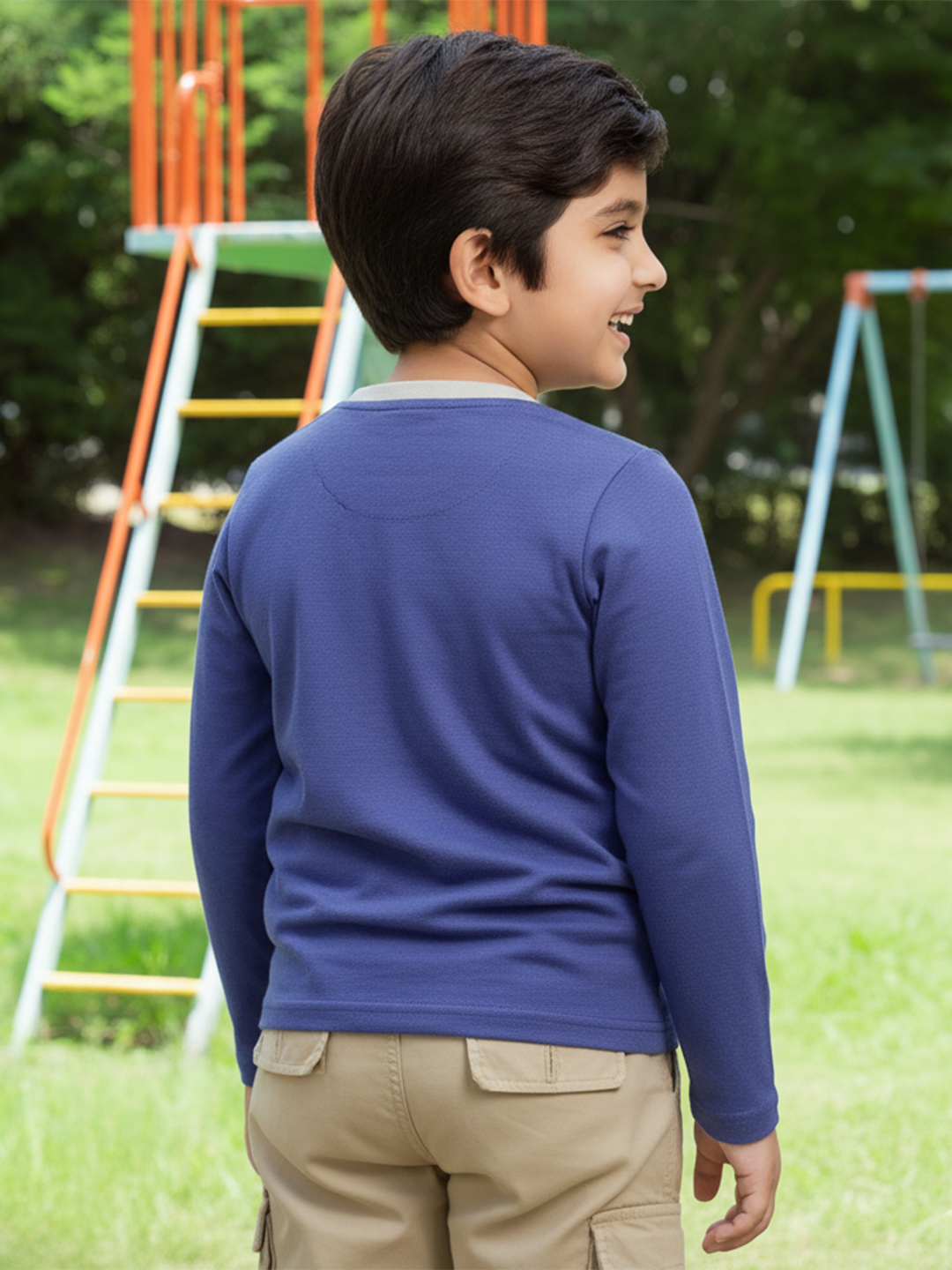 Navy Mélange 100% Cotton Regular Long Sleeves T-shirt