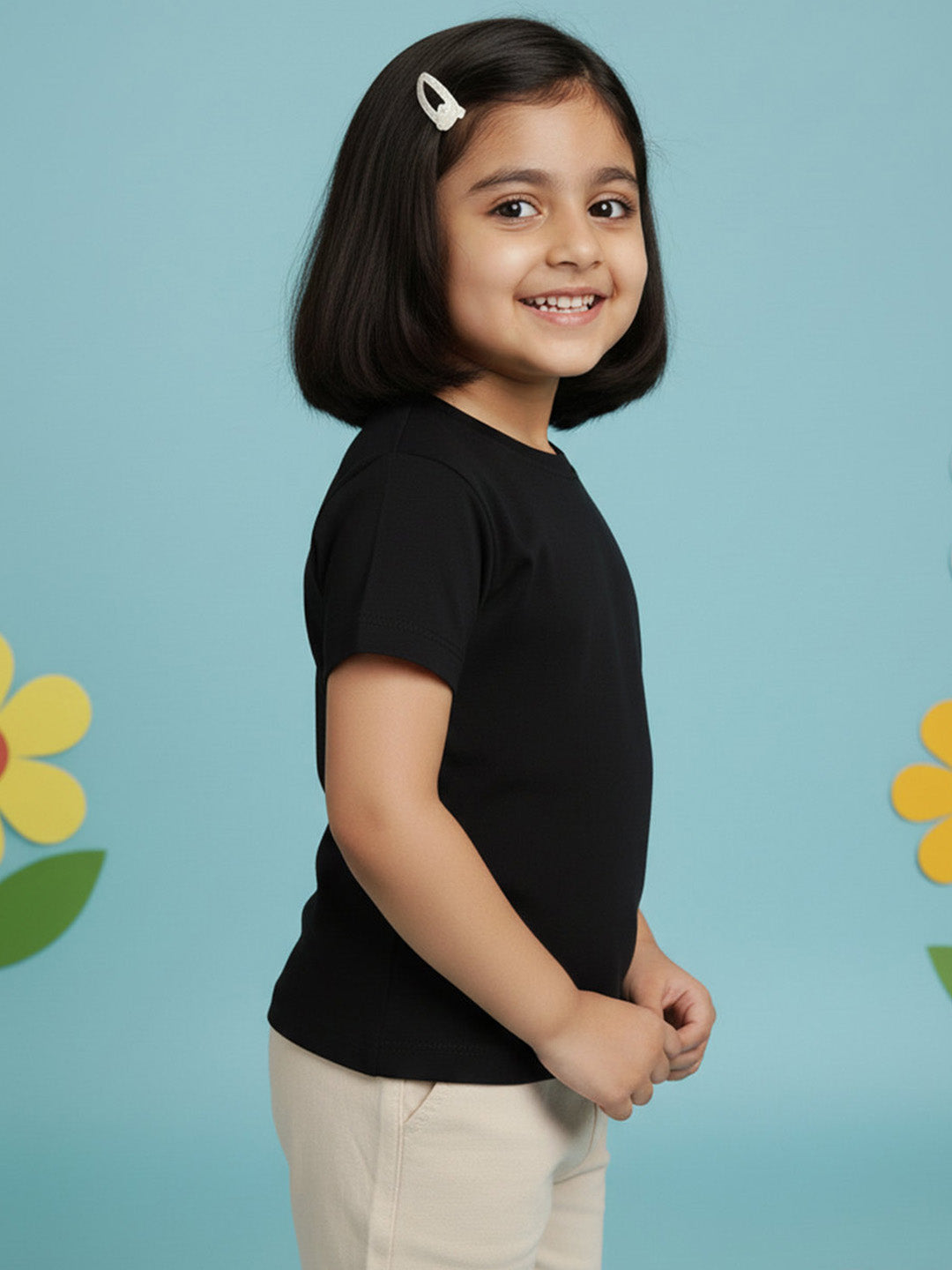 Black 100% Cotton Regular Fit Solid Short Sleeves T-shirt for Girls