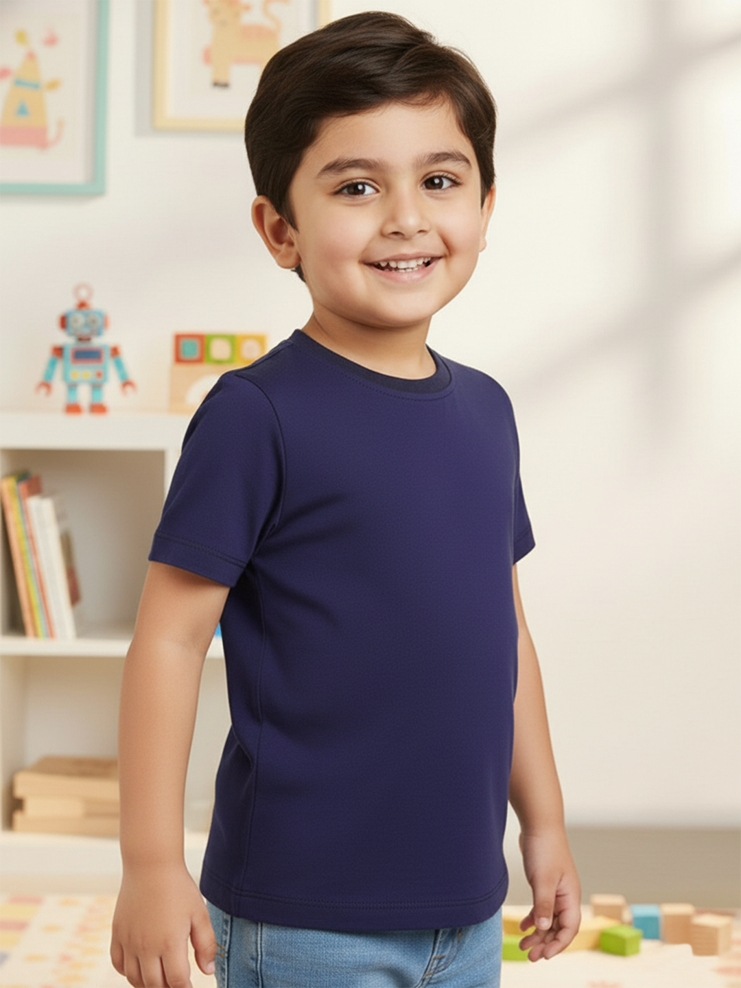 Navy 100% Cotton Regular Fit Solid Short Sleeves T-shirt for Boys