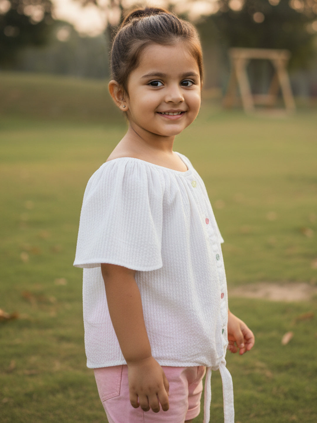 White 100% Cotton Seer Sucker Raglan Sleeves Tie-up Top