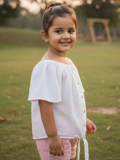 White 100% Cotton Seer Sucker Raglan Sleeves Tie-up Top