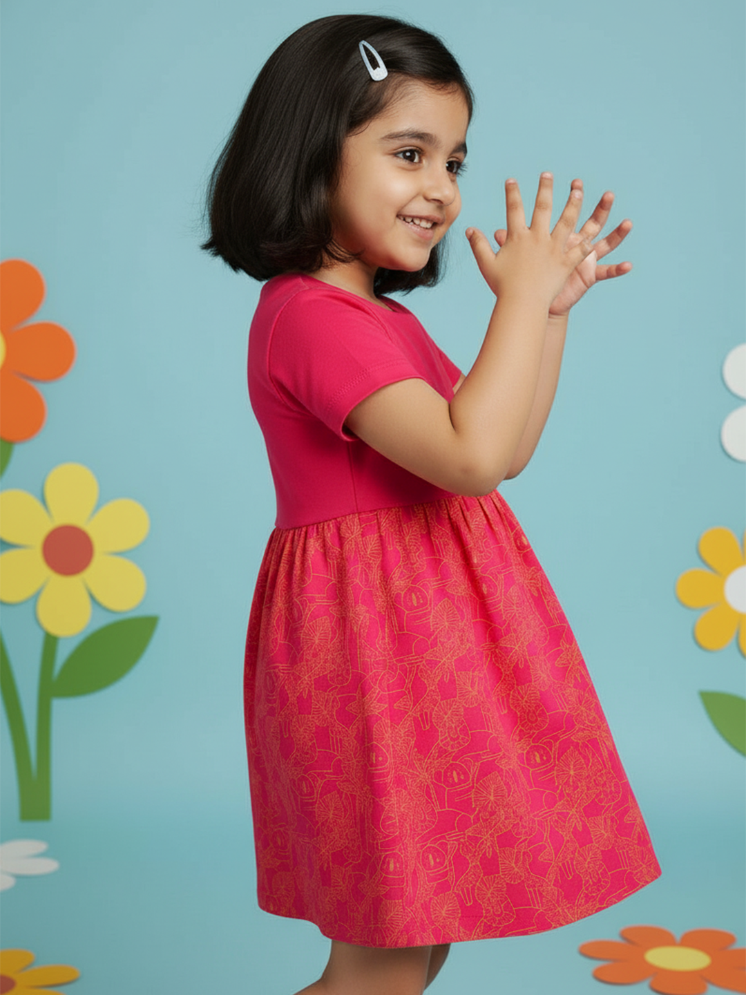 Fuchsia Pink 100% Cotton Animal Printed Short Sleeves Dress