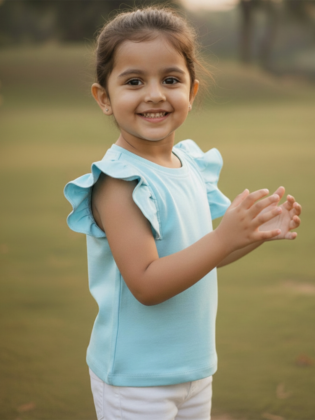 Light Blue Cotton Frill Sleeves Stretchable Top