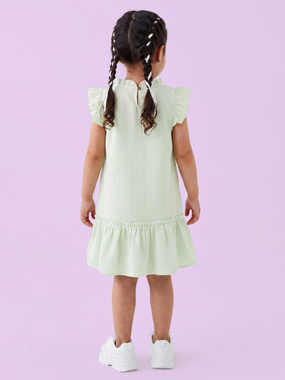 Soothing Stripes Frill Sleeves Dress for Girls (Green)