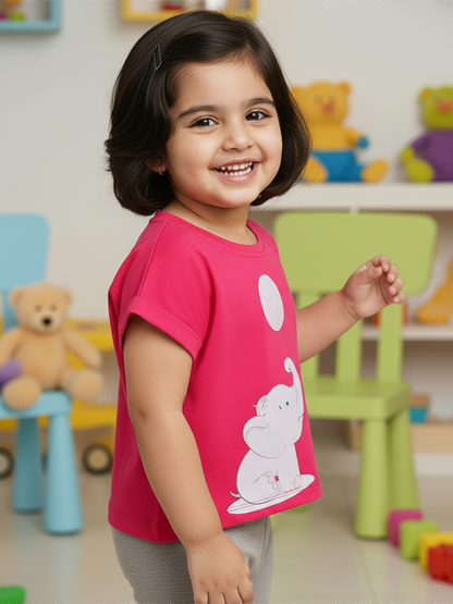 Fuchsia Pink 100% Cotton Animal Printed Dolman Sleeves T-shirt