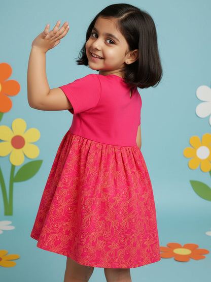 Fuchsia Pink 100% Cotton Animal Printed Short Sleeves Dress