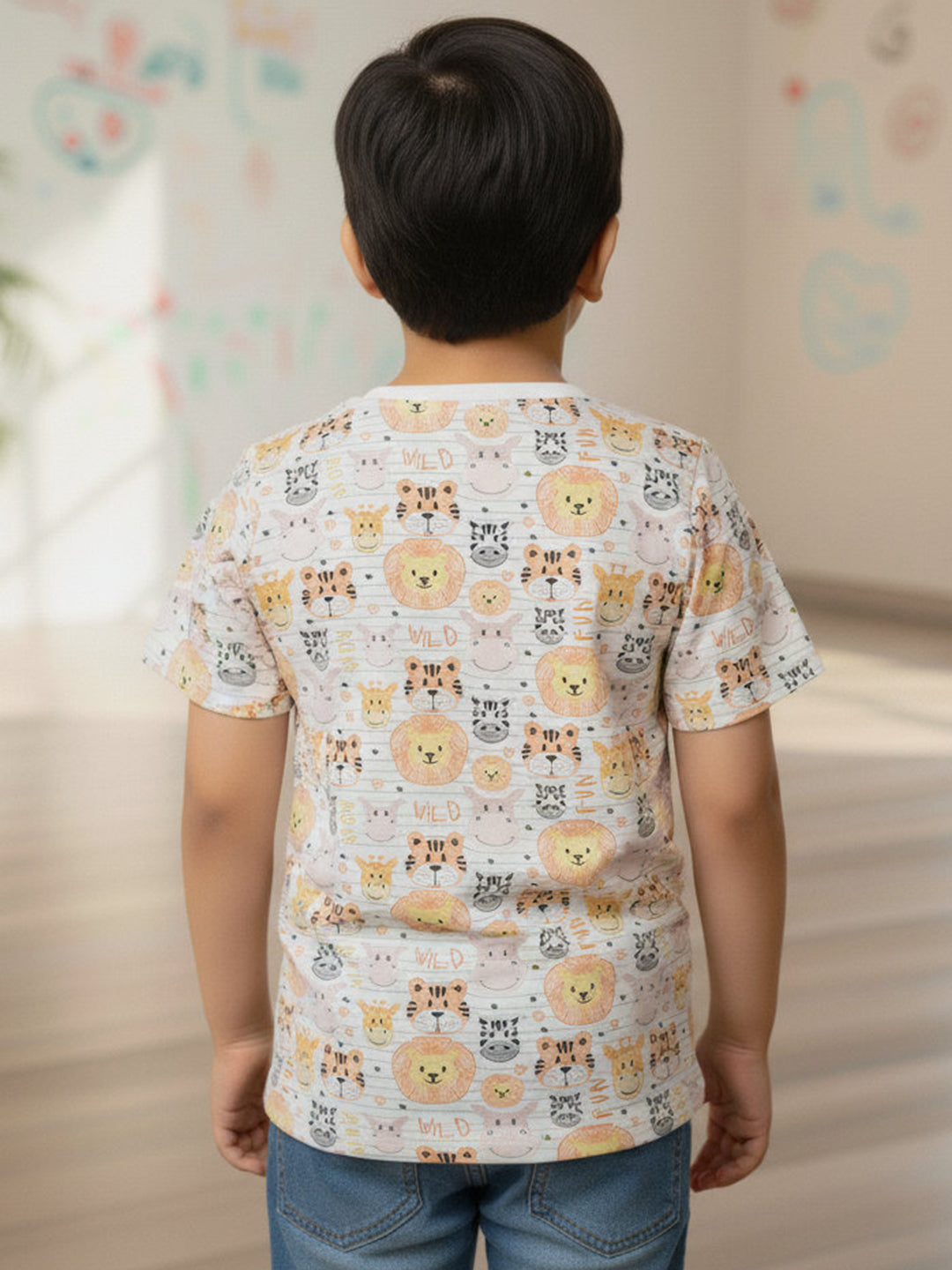 White 100% Cotton Regular Fit Animal Printed Short Sleeves T-shirt for Boys