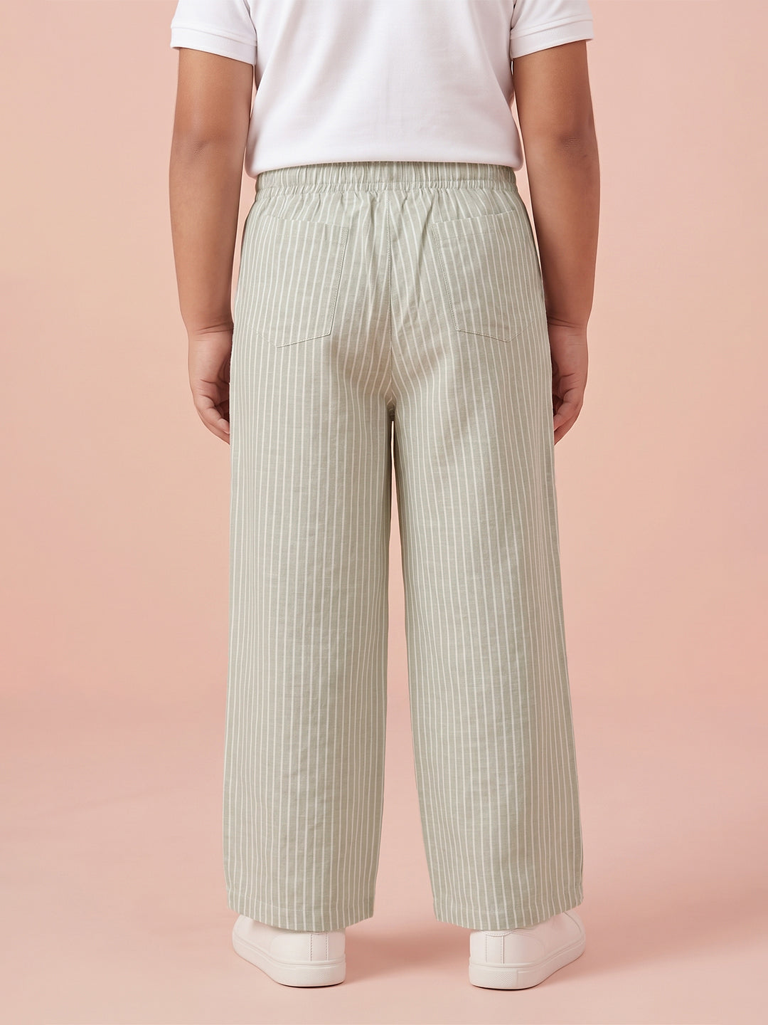 Green Striped Cotton Linen Relaxed Fit Trousers