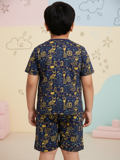 Navy Blue 100% Cotton Regular Fit Printed Coord Set