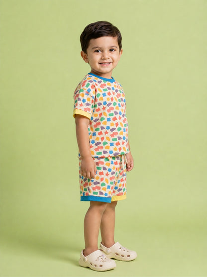 Shapes and Peach Oversized Coord Set for Boys