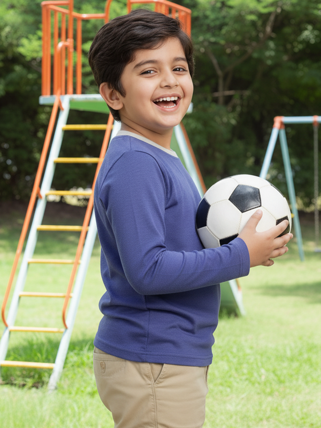 Navy Mélange 100% Cotton Regular Long Sleeves T-shirt