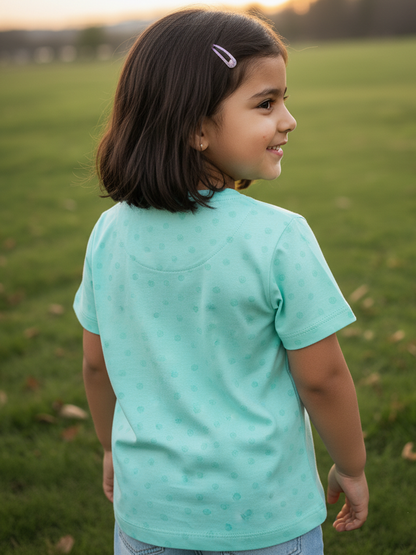 Blue 100% Cotton Unique Puff Printed Short Sleeves T-shirt for Girls