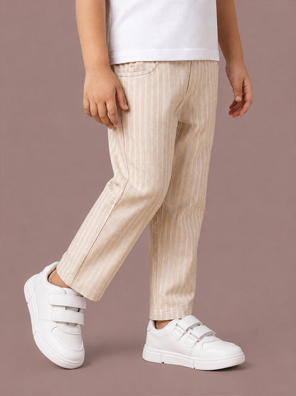 Beige Striped Cotton Linen Relaxed Fit Trousers