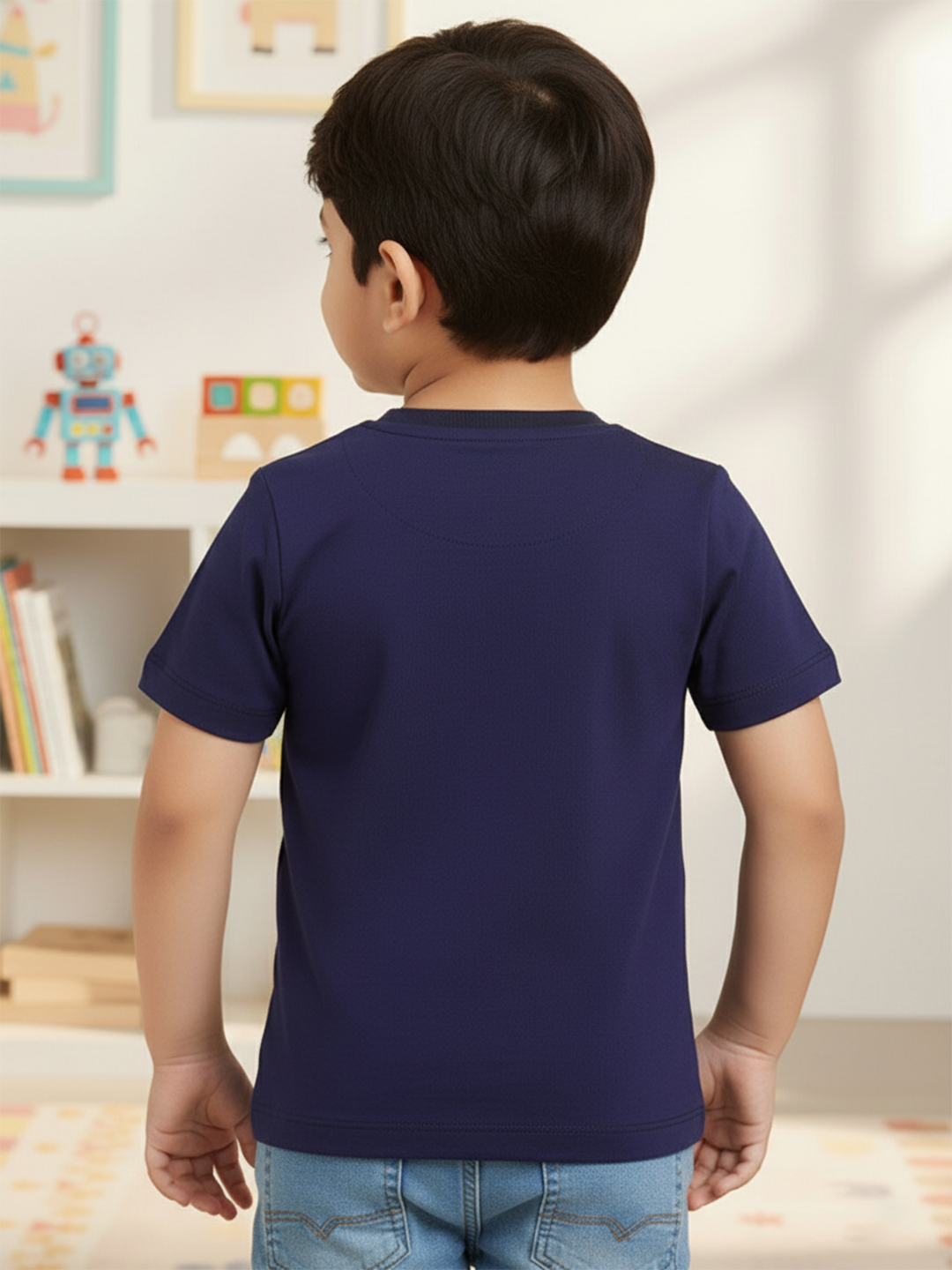 Navy 100% Cotton Regular Fit Solid Short Sleeves T-shirt for Boys