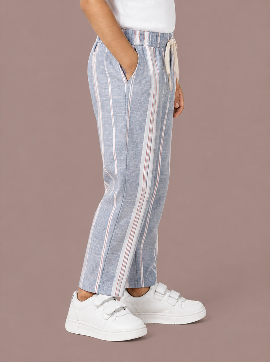 Blue Striped Cotton Linen Relaxed Fit Trousers