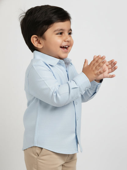 Easy to Wear Blue 100% Cotton Formal Shirt for Toddlers with Zip and Faux Buttons