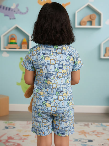 Light Blue 100% Cotton Oversized Fit Printed Coord Set for Girls