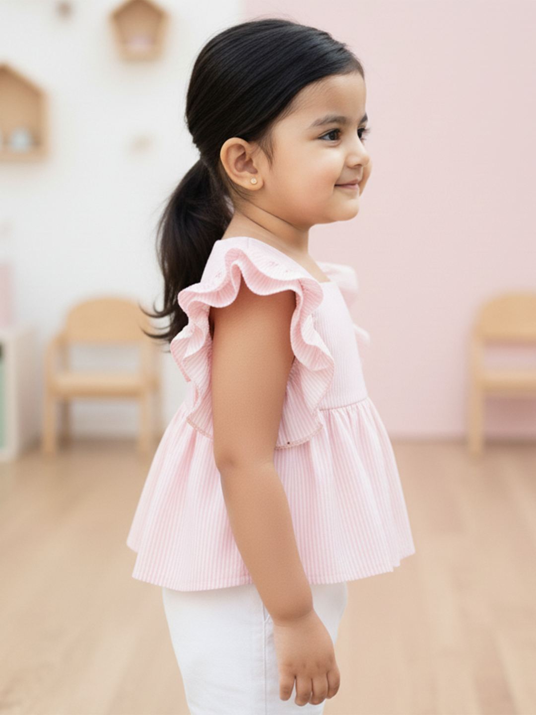 Pink Striped 100% Cotton Flounce Sleeves Top