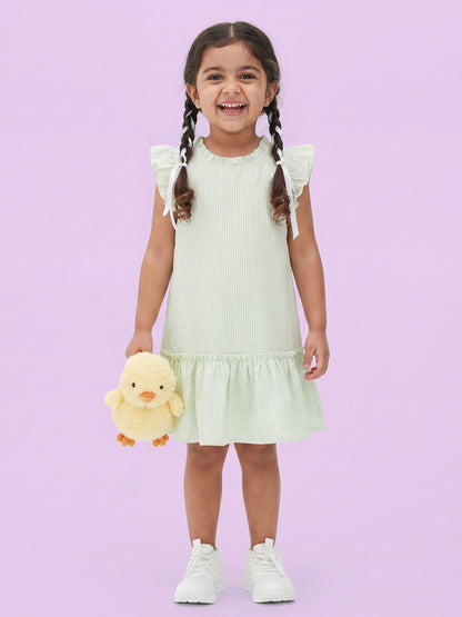Soothing Stripes Frill Sleeves Dress for Girls (Green)
