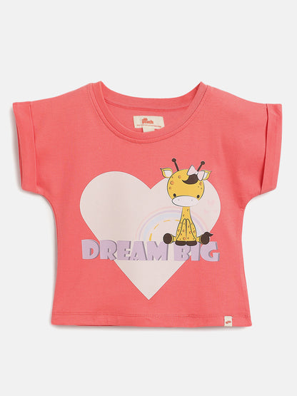 Pink 100% Cotton Animal Printed Dolman Sleeves T-shirt