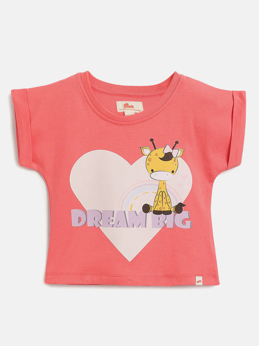 Pink 100% Cotton Animal Printed Dolman Sleeves T-shirt