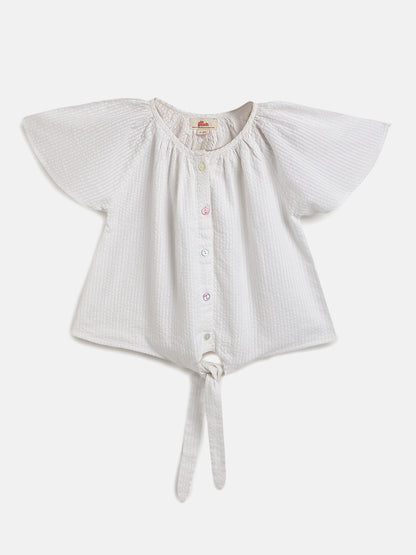 White 100% Cotton Seer Sucker Raglan Sleeves Tie-up Top