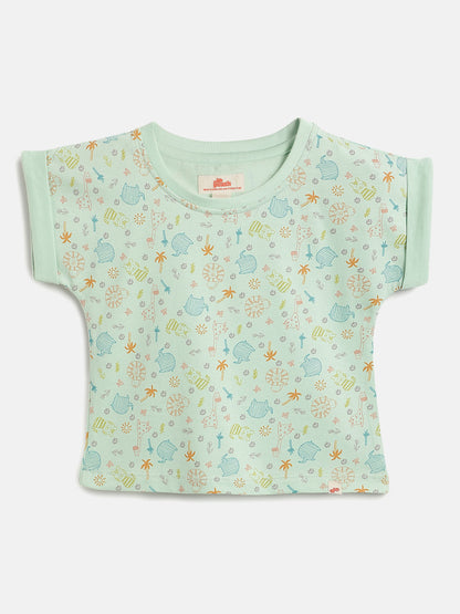 Pastel Green 100% Cotton Animal Printed Dolman Sleeves T-shirt