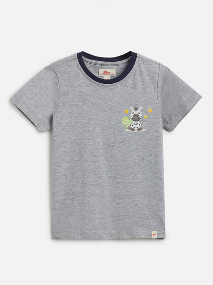 Grey Mélange 100% Cotton Regular Fit Animal Printed Short Sleeves T-shirt