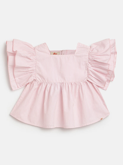 Pink Striped 100% Cotton Flounce Sleeves Top