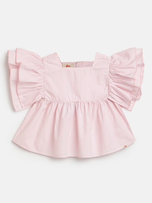Pink Striped 100% Cotton Flounce Sleeves Top