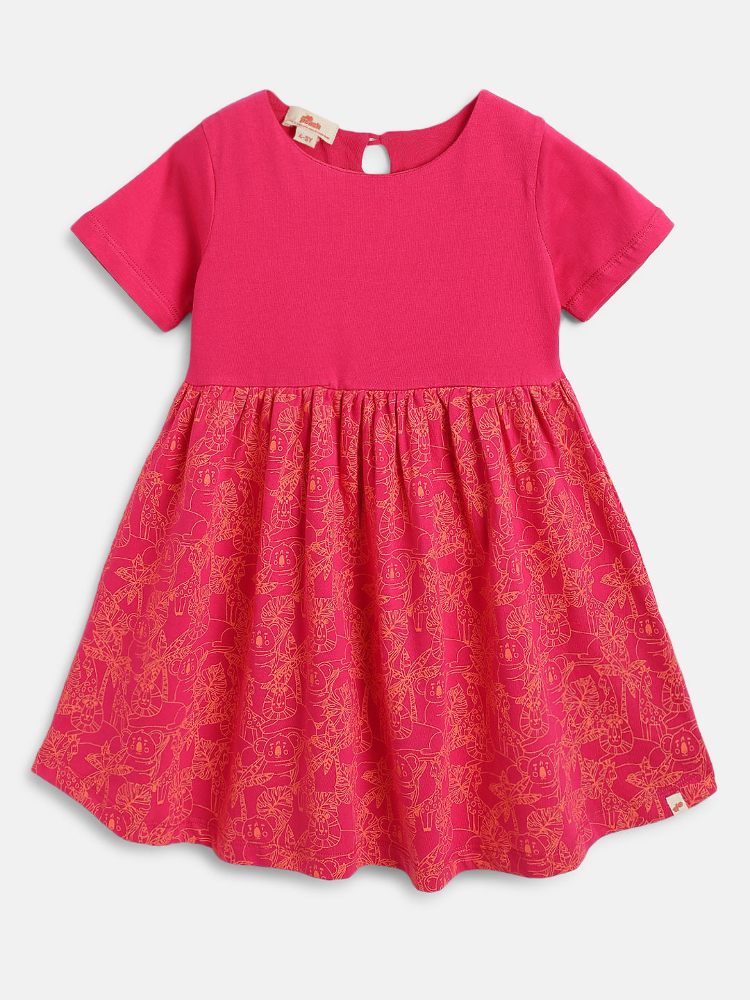 Fuchsia Pink 100% Cotton Animal Printed Short Sleeves Dress