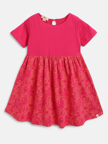 Fuchsia Pink 100% Cotton Animal Printed Short Sleeves Dress