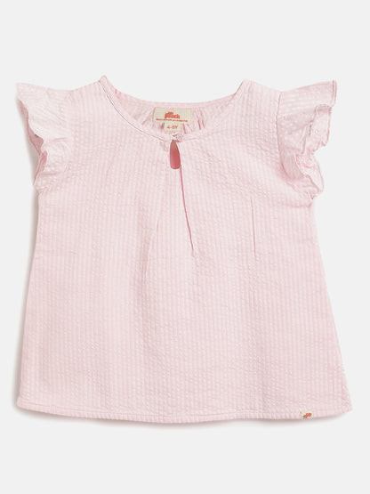 Pastel Pink 100% Cotton Seer Sucker Frill Sleeves Top