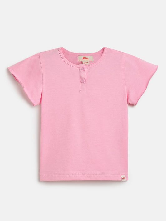 Pink 100% Cotton Regular Fit Solid Short Sleeves T-shirt