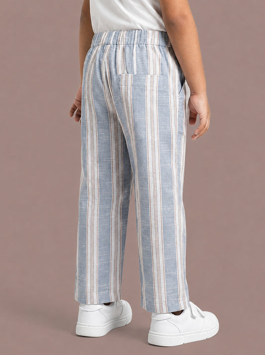 Blue Striped Cotton Linen Relaxed Fit Trousers