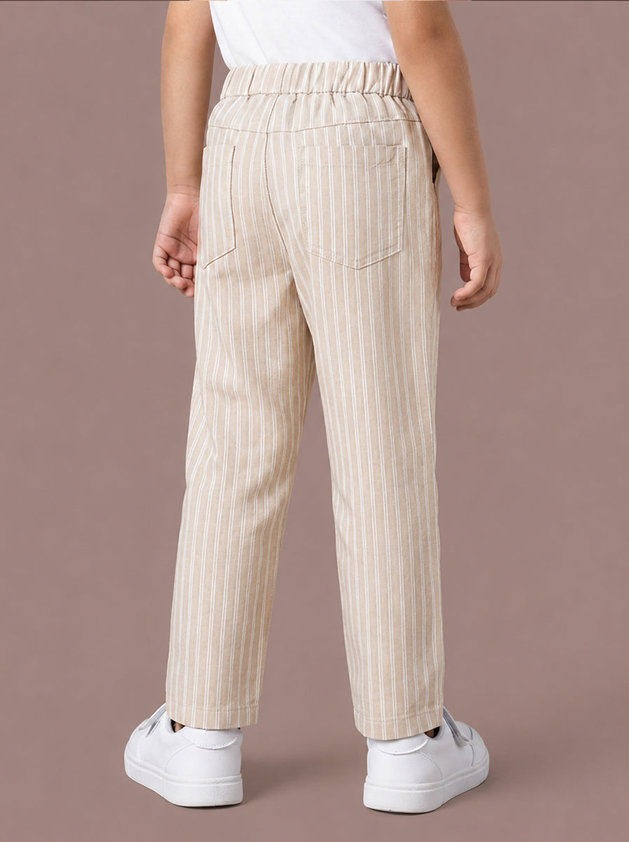 Beige Striped Cotton Linen Relaxed Fit Trousers