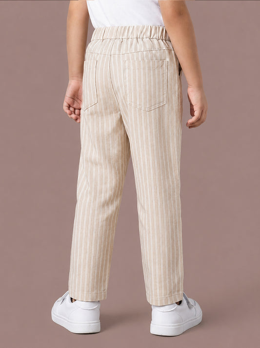 Beige Striped Cotton Linen Relaxed Fit Trousers