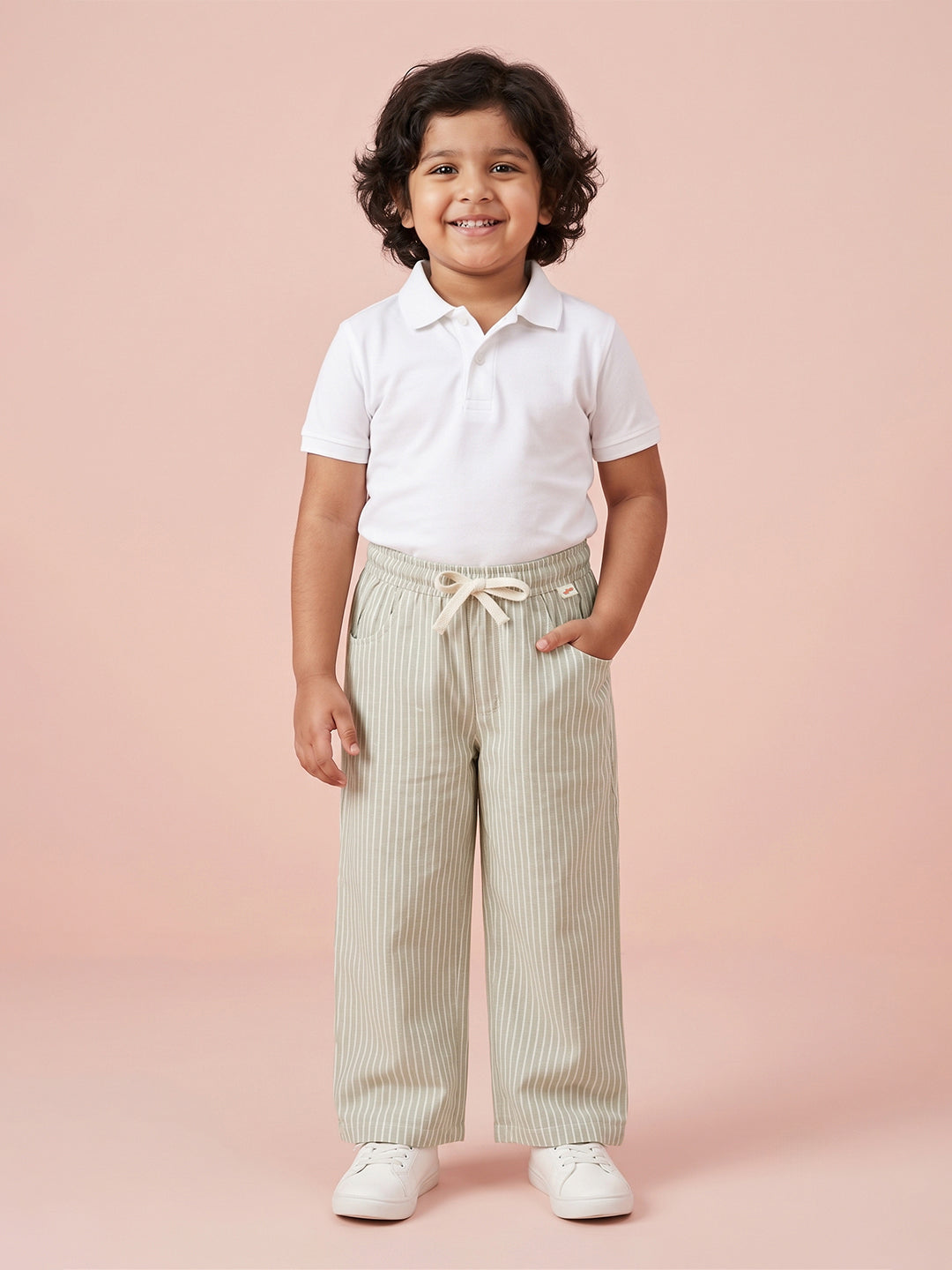 Green Striped Cotton Linen Relaxed Fit Trousers
