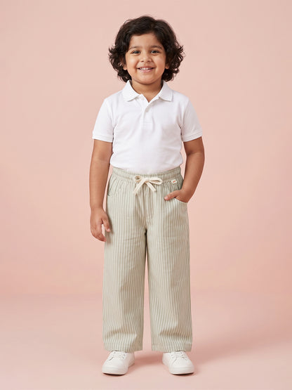 Green Striped Cotton Linen Relaxed Fit Trousers
