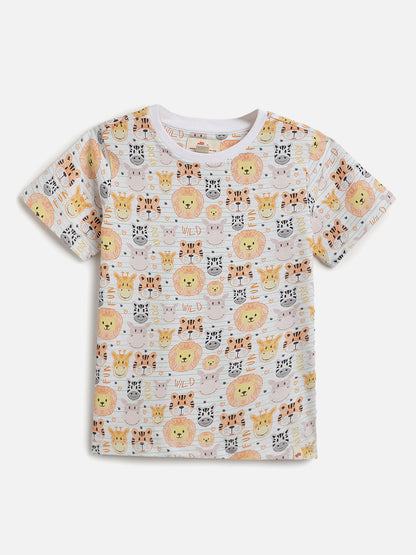 White 100% Cotton Regular Fit Animal Printed Short Sleeves T-shirt for Girls