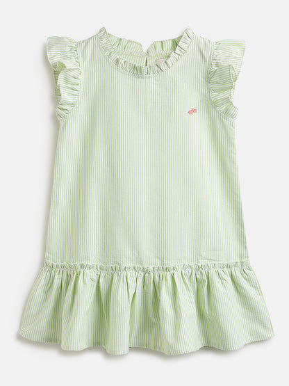 Soothing Stripes Frill Sleeves Dress for Girls (Green)